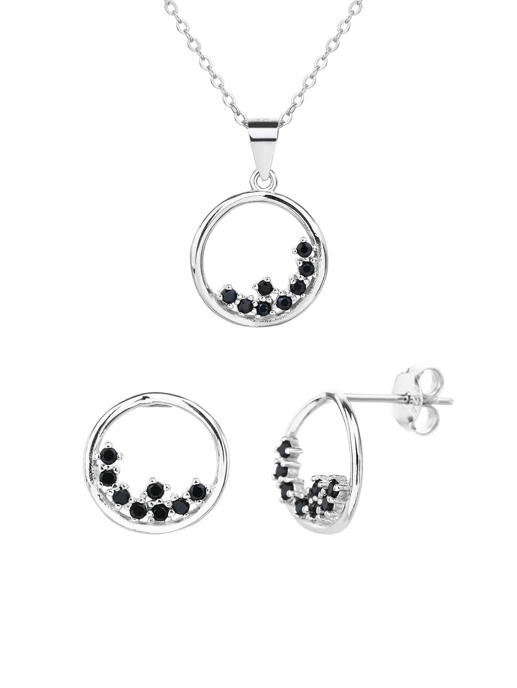 Round black stone jewel set - mystery and elegance in hallmarked, rhodium-plated 925 sterling silver – worn view – DRESCHER Jewellery®