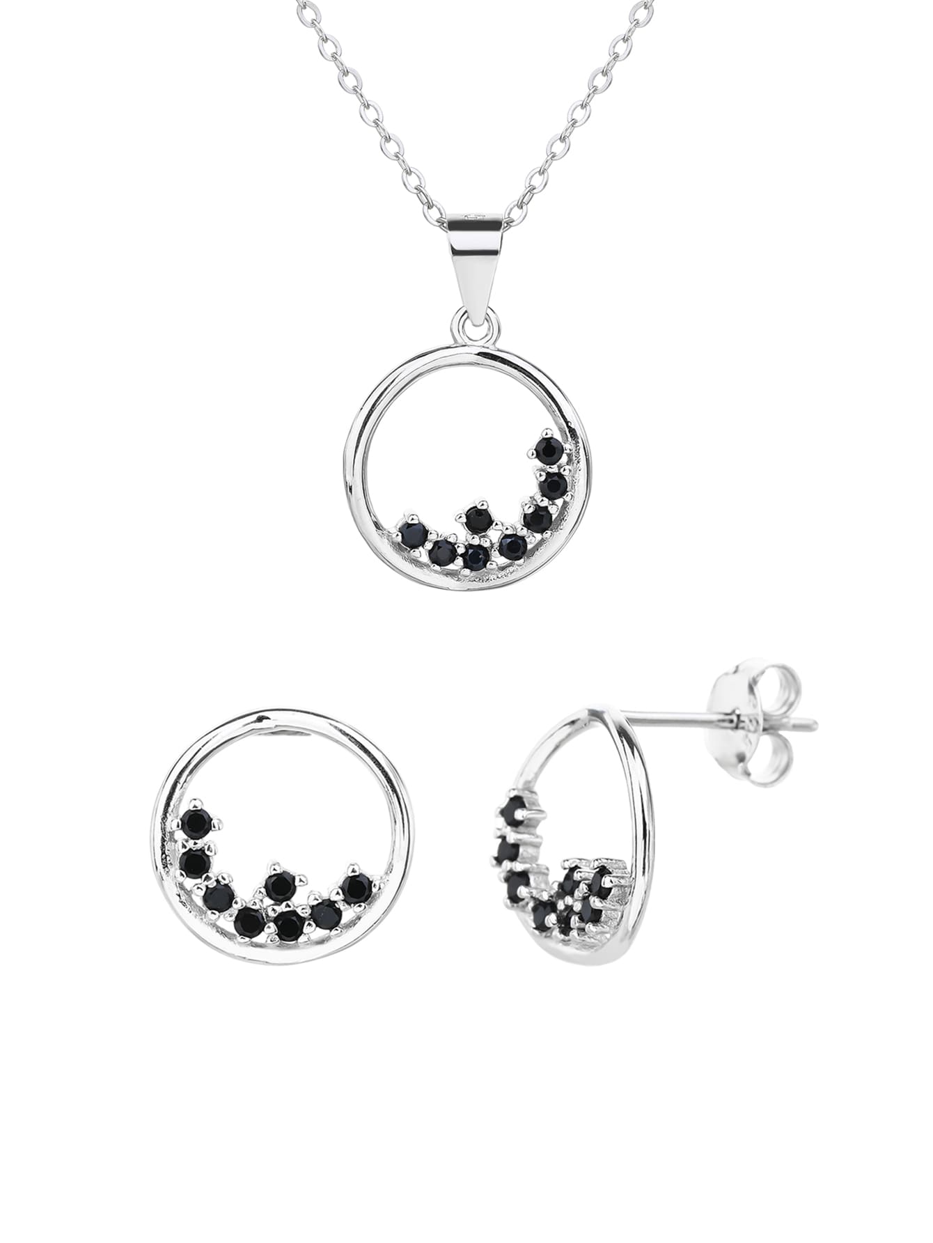Round black stone jewel set - mystery and elegance in hallmarked, rhodium-plated 925 sterling silver – worn view – DRESCHER Jewellery®
