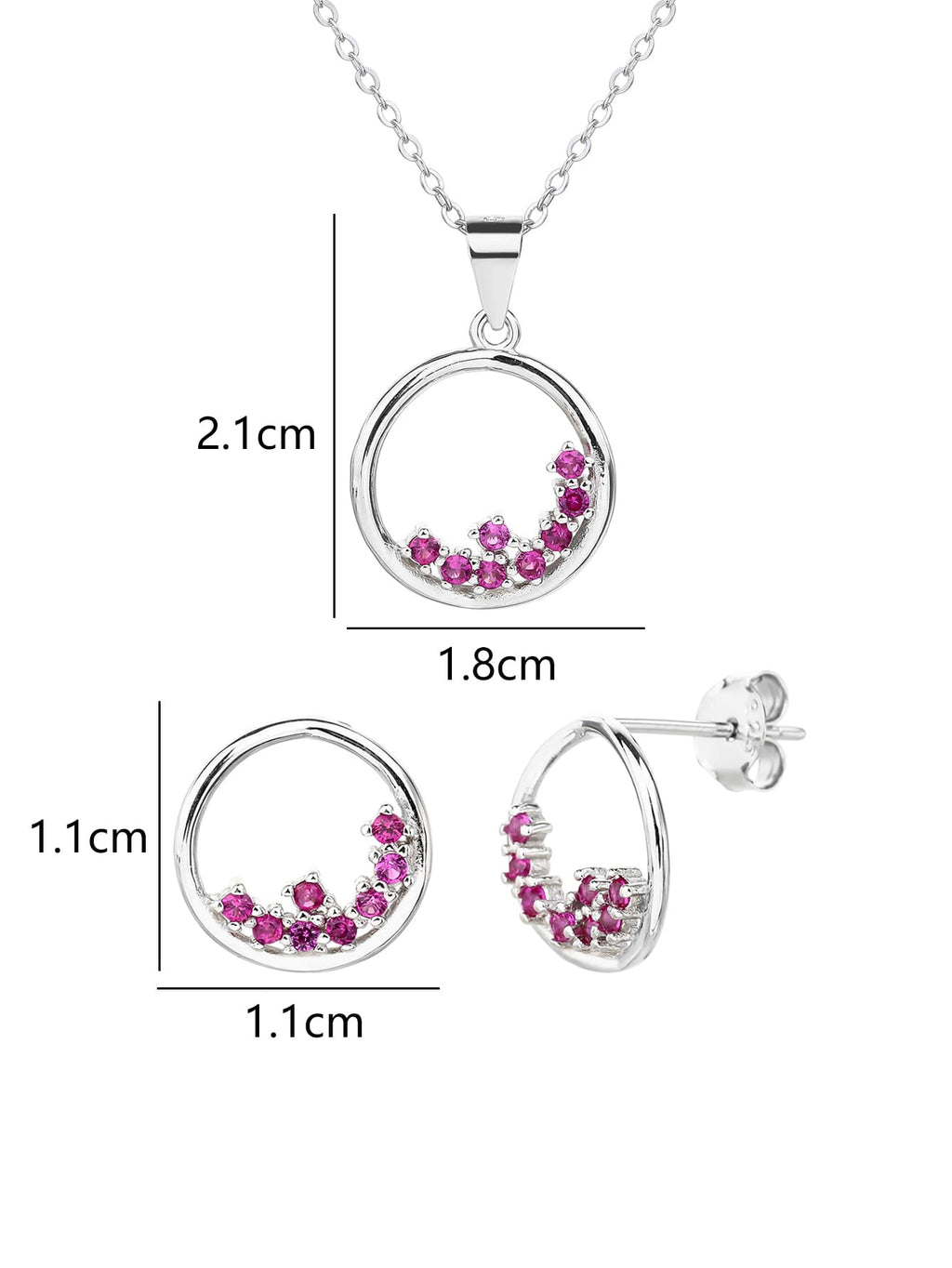 Circular fuchsia red stone bezel set - strength and elegance in hallmarked, rhodium-plated 925 sterling silver – detail view – DRESCHER Jewellery®