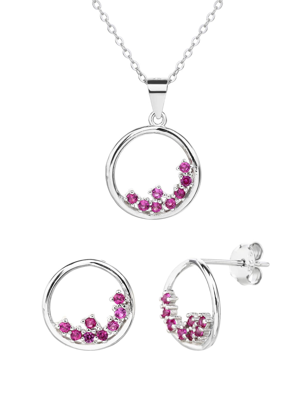 Circular fuchsia red stone bezel set - strength and elegance in hallmarked, rhodium-plated 925 sterling silver – worn view – DRESCHER Jewellery®