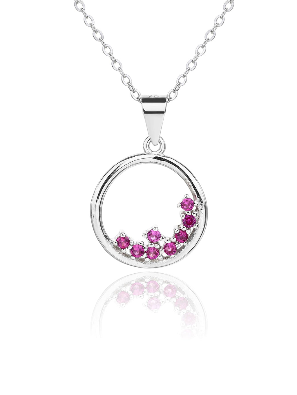 Circular fuchsia red stone bezel set - strength and elegance in hallmarked, rhodium-plated 925 sterling silver – dimensions view – DRESCHER Jewellery®