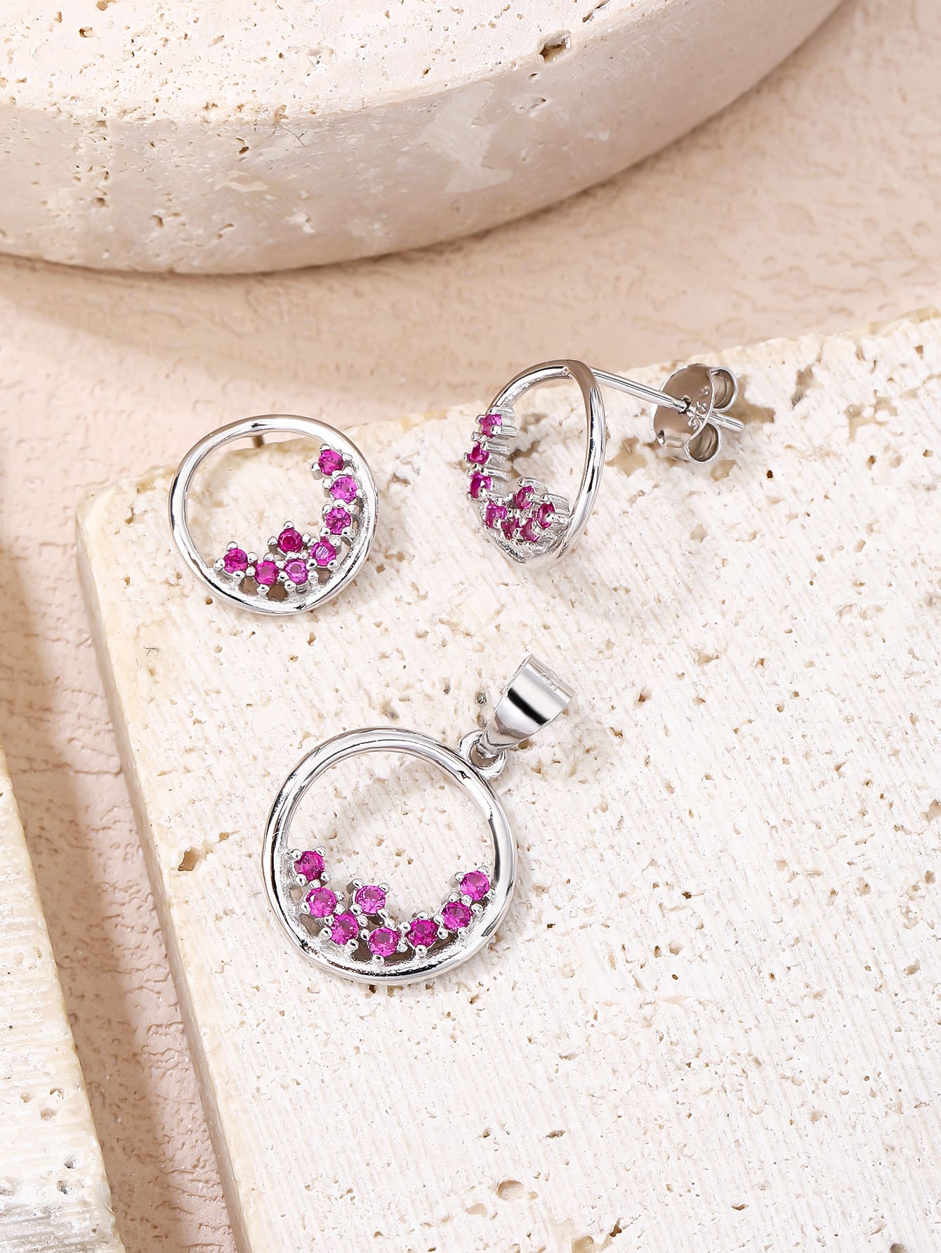 Circular fuchsia red stone bezel set - strength and elegance in hallmarked, rhodium-plated 925 sterling silver – alternate component view – DRESCHER Jewellery®
