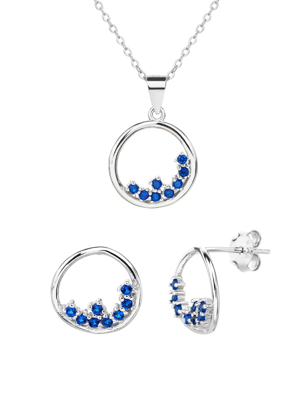 Circular blue stone jewel set - elegance and glamour in hallmarked, rhodium-plated 925 sterling silver – front set view – DRESCHER Jewellery®
