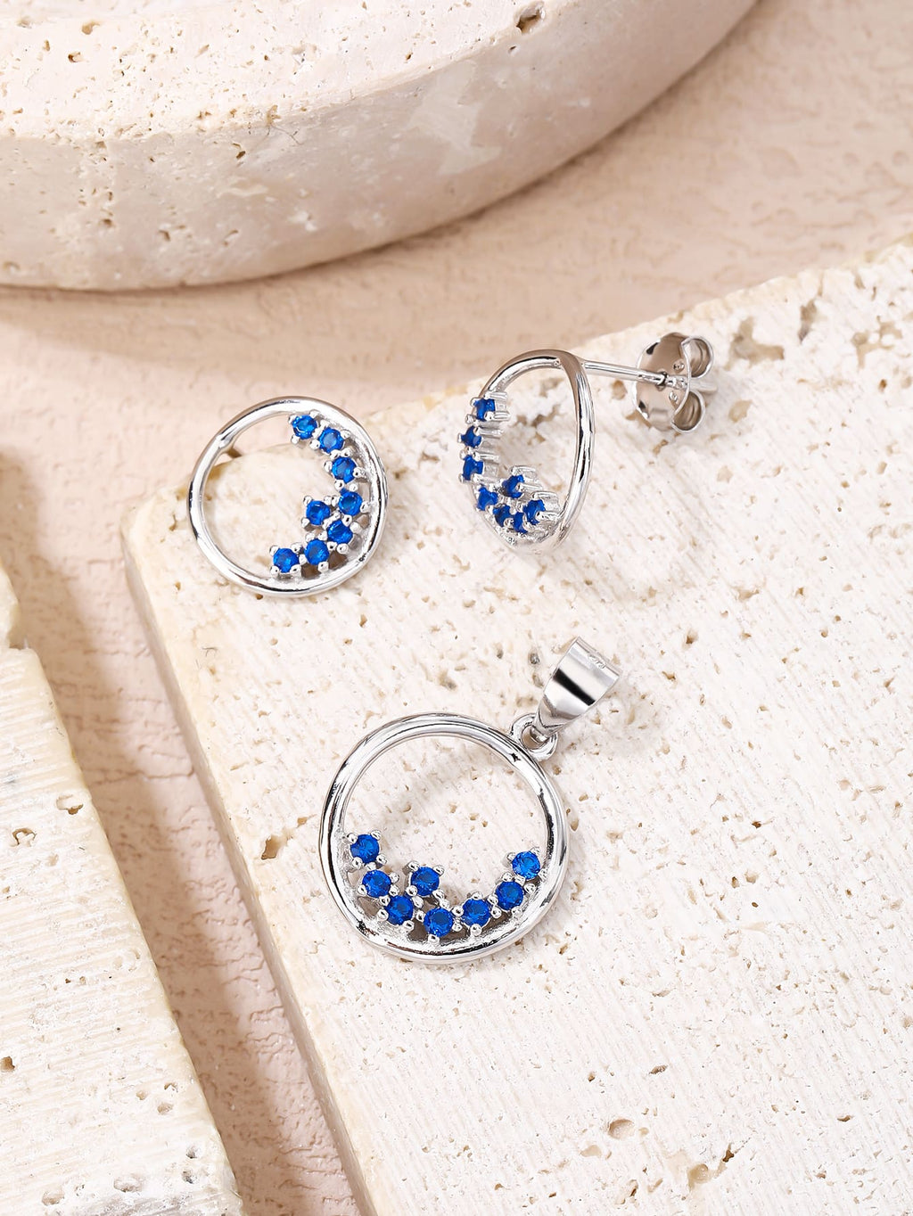 Circular blue stone jewel set - elegance and glamour in hallmarked, rhodium-plated 925 sterling silver – alternate component view – DRESCHER Jewellery®