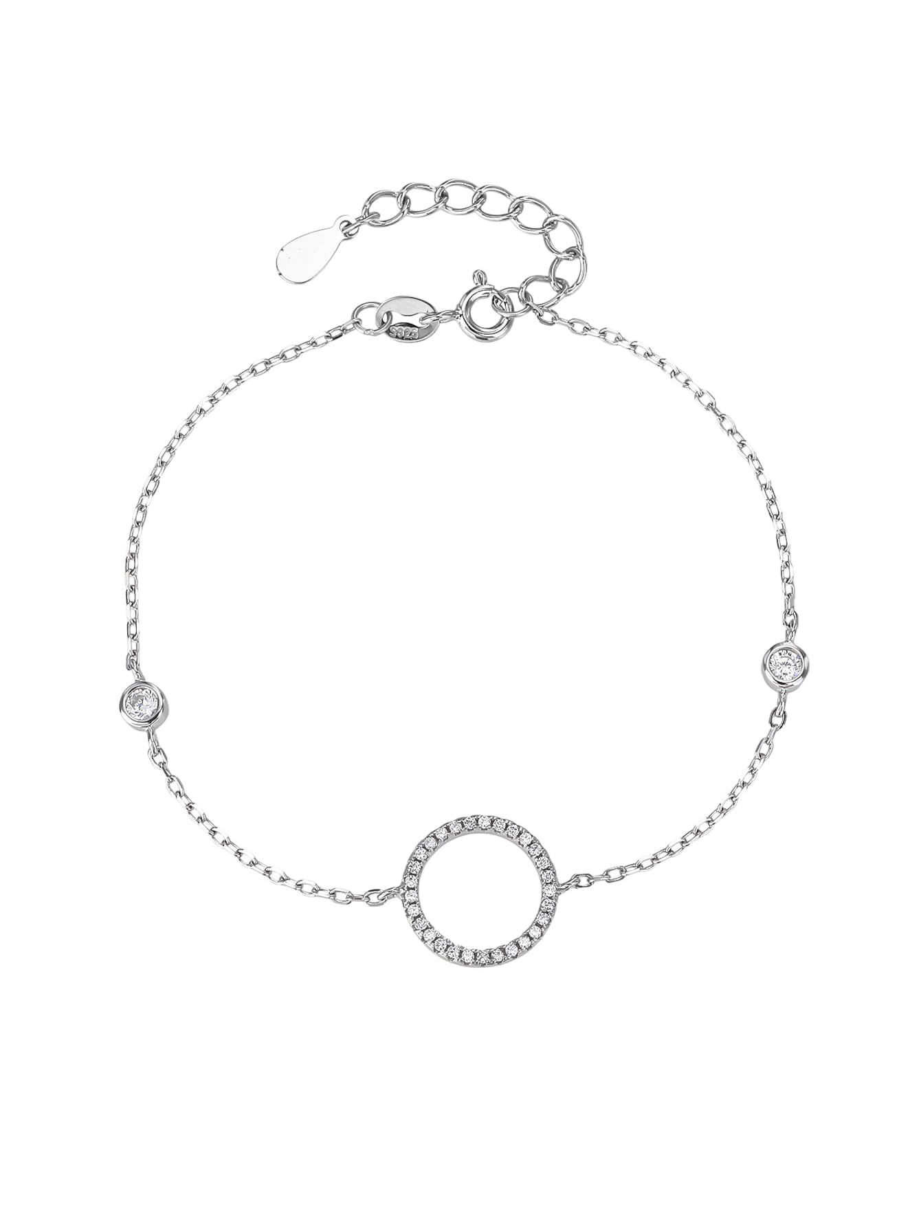 Circle motif bracelet with zirconia stones in hallmarked, rhodium-plated 925 sterling silver – alternate front view – DRESCHER Jewellery®