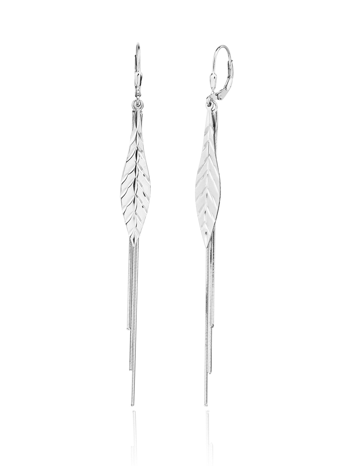 leaf-pattern dangle earrings in hallmarked, rhodium-plated 925 sterling silver – front and side views – DRESCHER Jewellery®