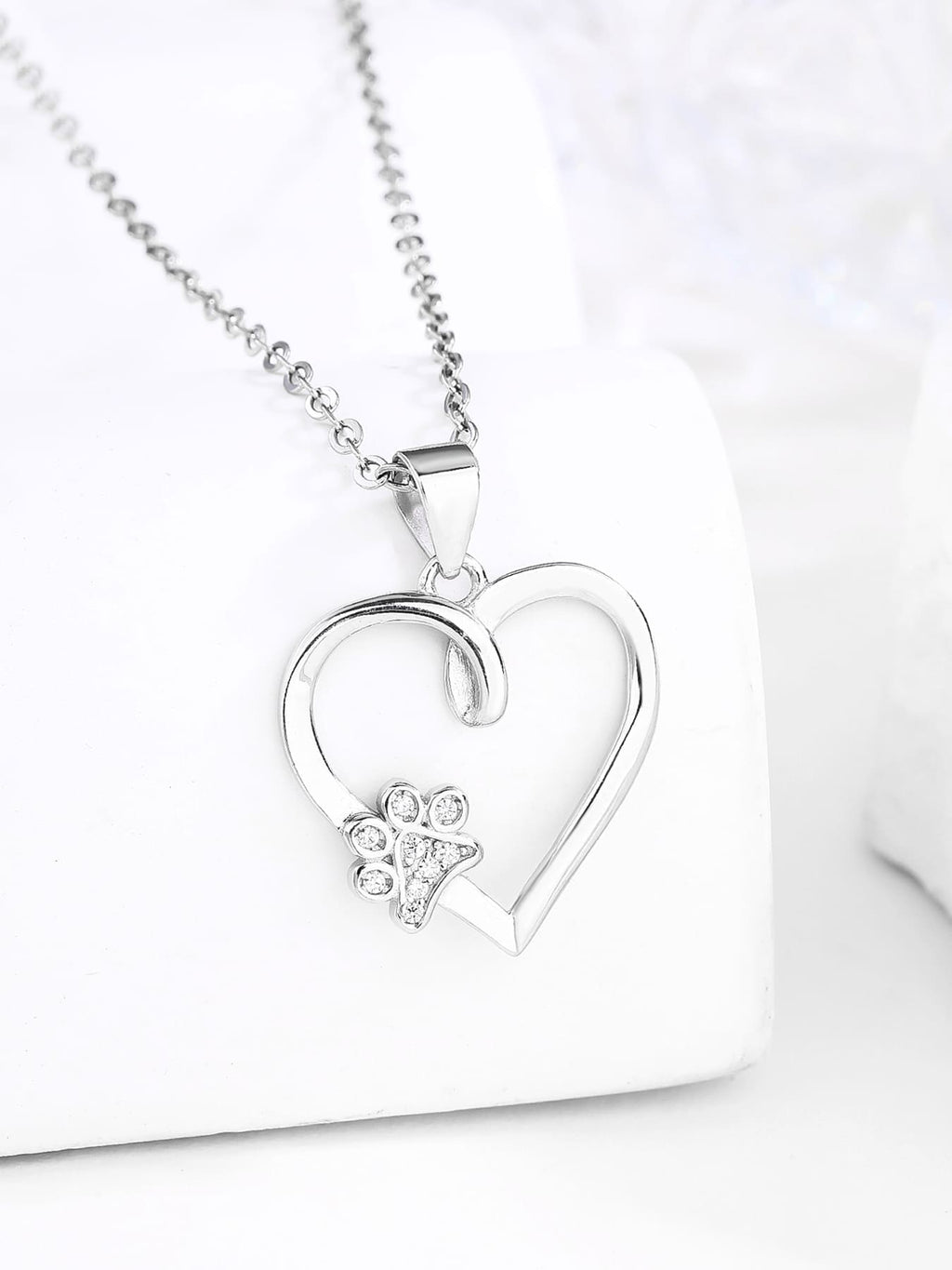 Paw in my heart silver pendant in hallmarked, rhodium-plated 925 sterling silver – front view on chain – DRESCHER Jewellery®