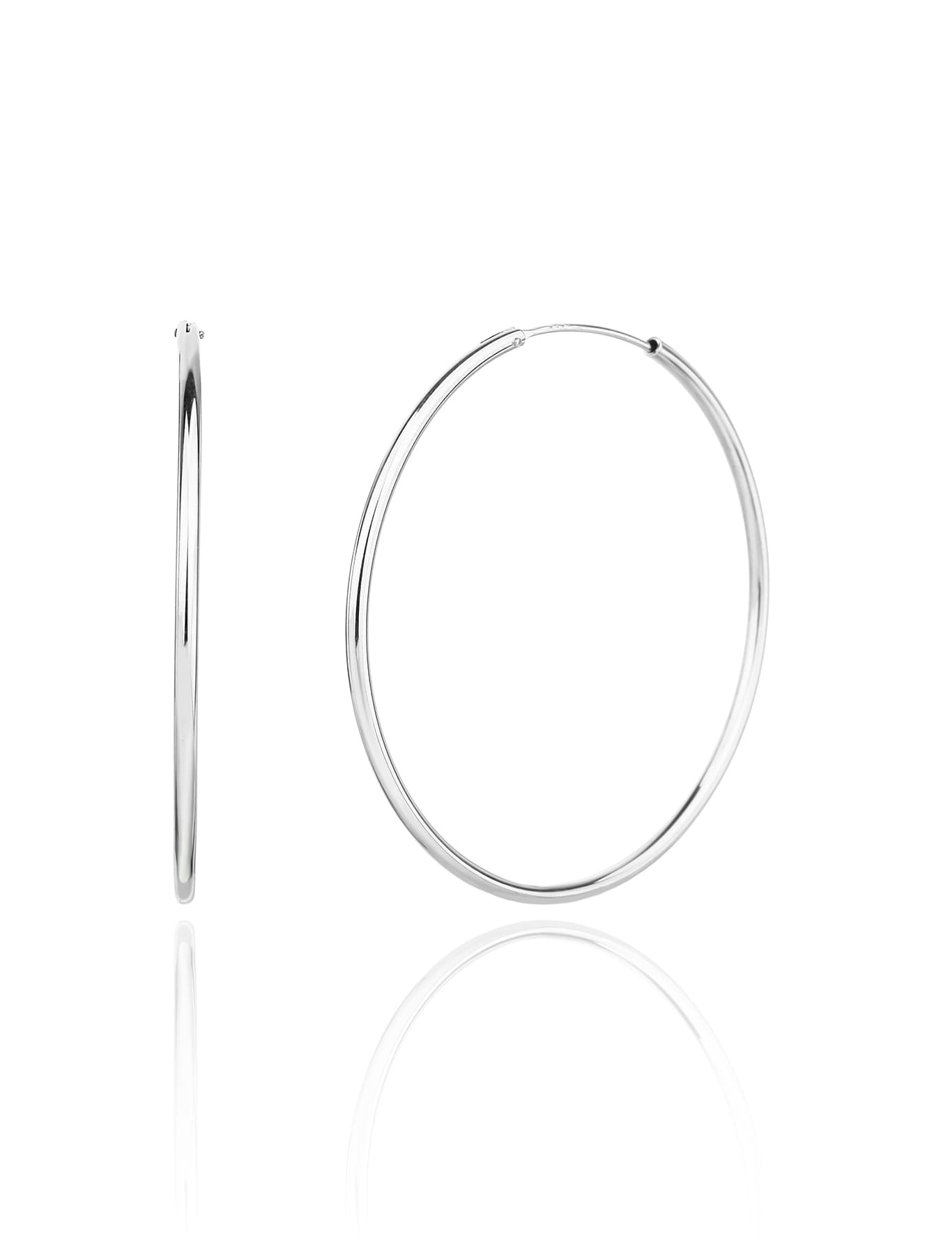 large stone-free hoop earrings in hallmarked, rhodium-plated 925 sterling silver – front and side views – DRESCHER Jewellery®