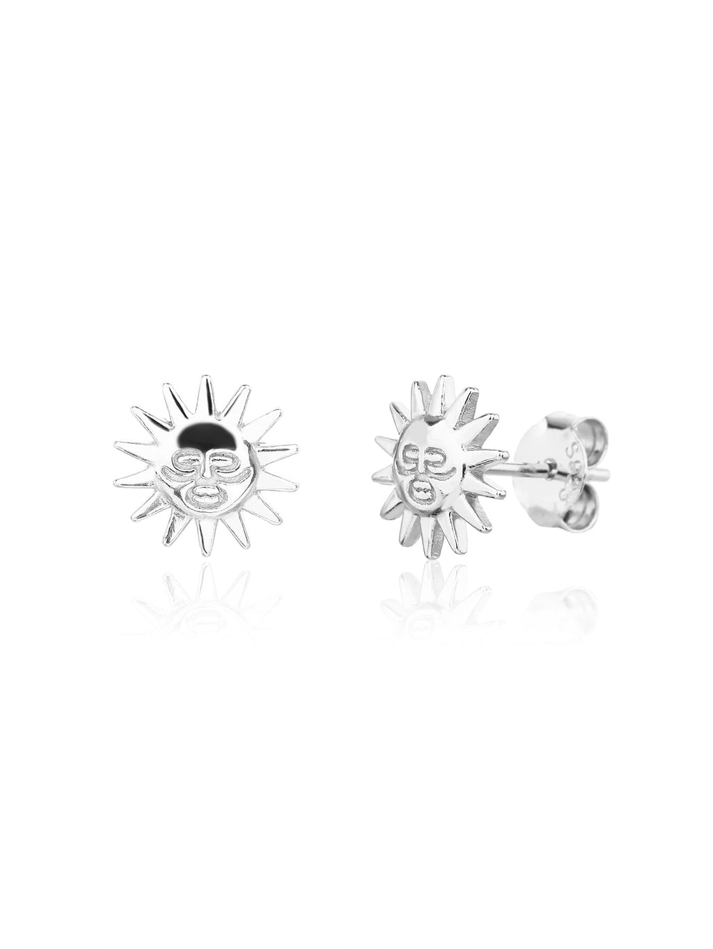Sunflower stud earrings in hallmarked, rhodium-plated 925 sterling silver – front and side views – DRESCHER Jewellery®