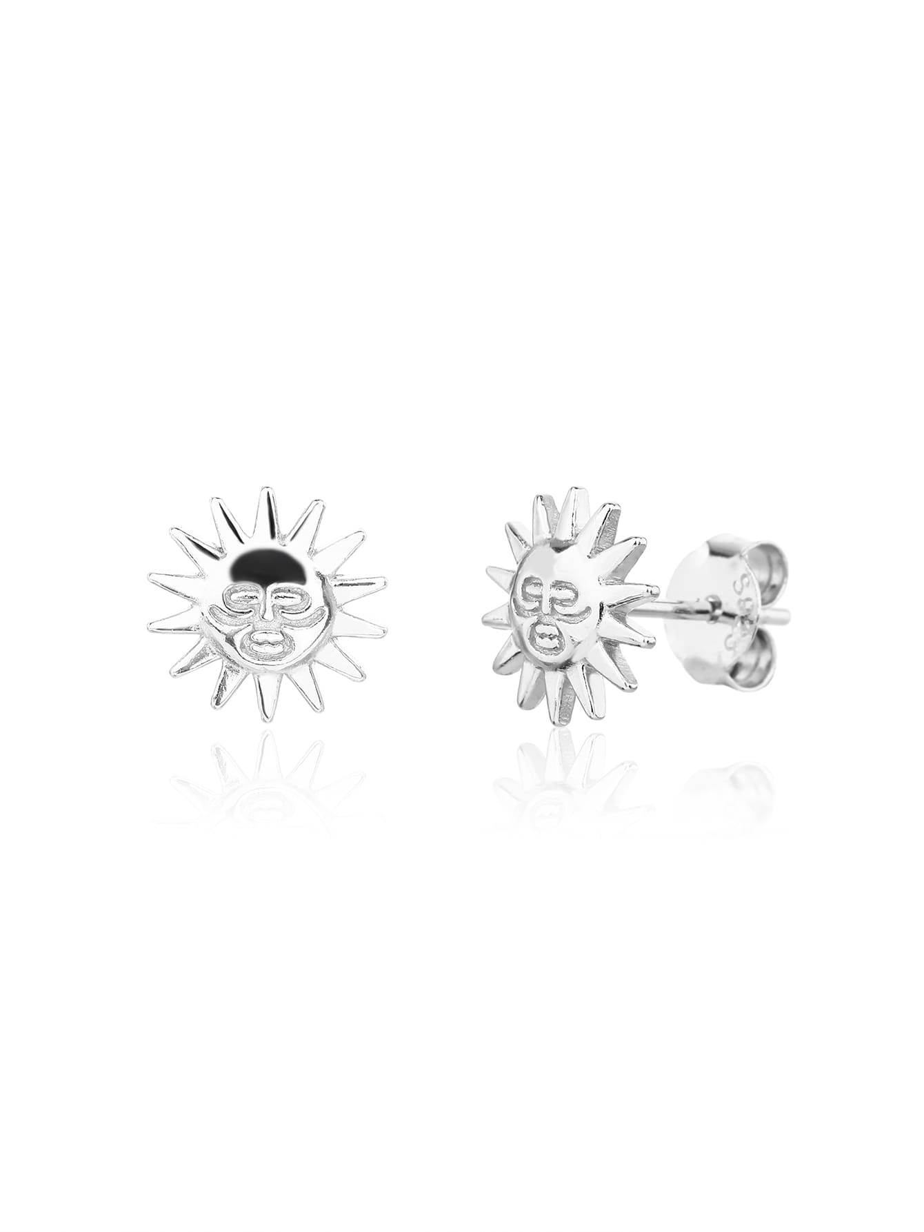 Sunflower stud earrings in hallmarked, rhodium-plated 925 sterling silver – front and side views – DRESCHER Jewellery®