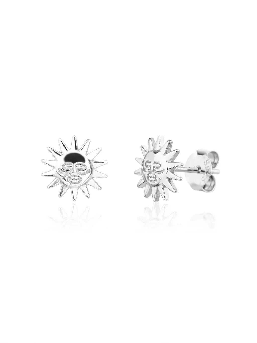 Sunflower stud earrings in hallmarked, rhodium-plated 925 sterling silver – front and side views – DRESCHER Jewellery®