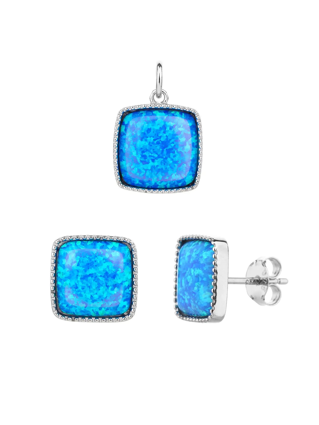Square dark blue opal jewel set - AG 925 sterling silver, rhodium plated (without chain)