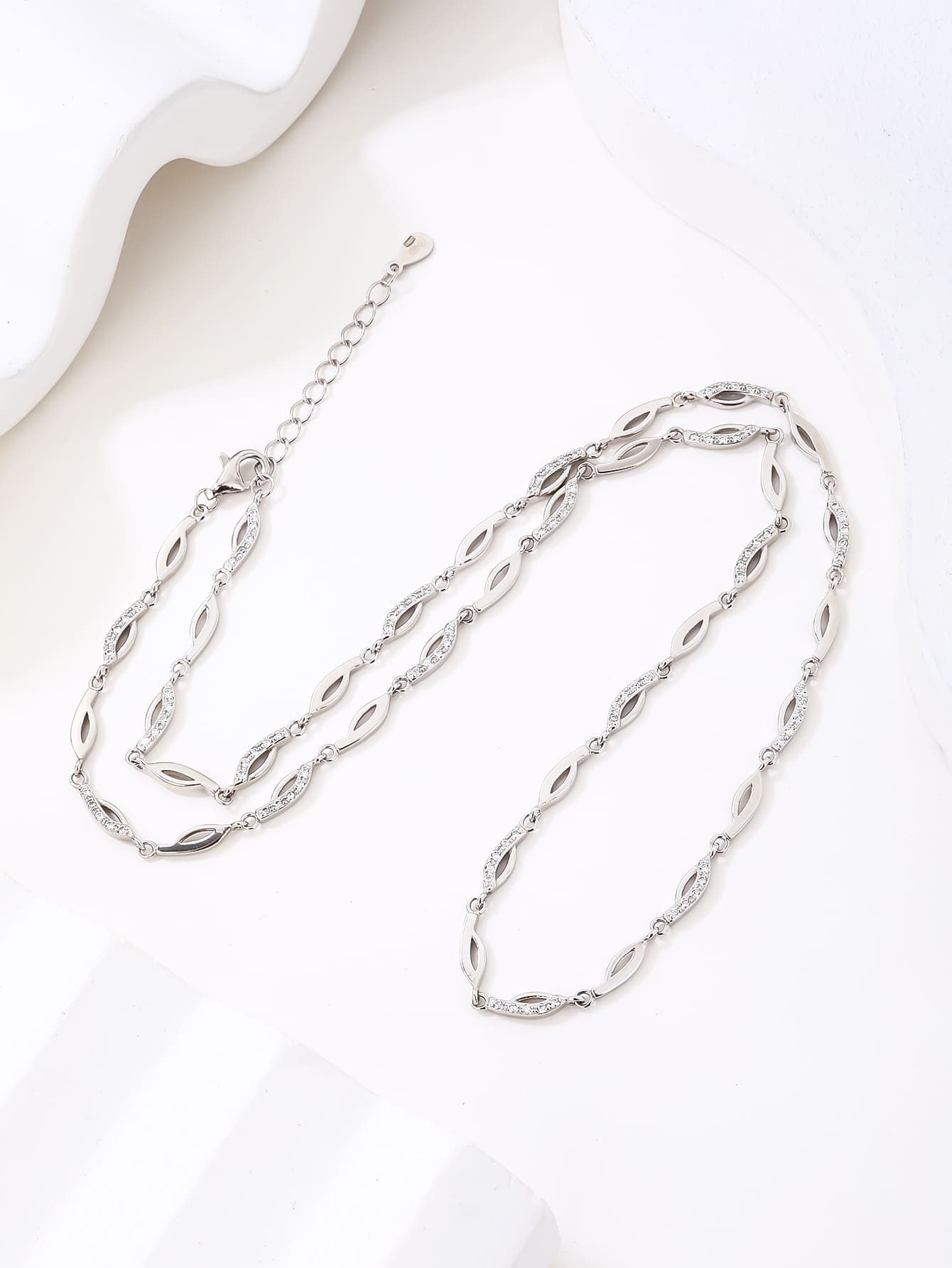 Necklace with white zirconia stones in hallmarked, rhodium-plated 925 sterling silver – alternate front view – DRESCHER Jewellery®