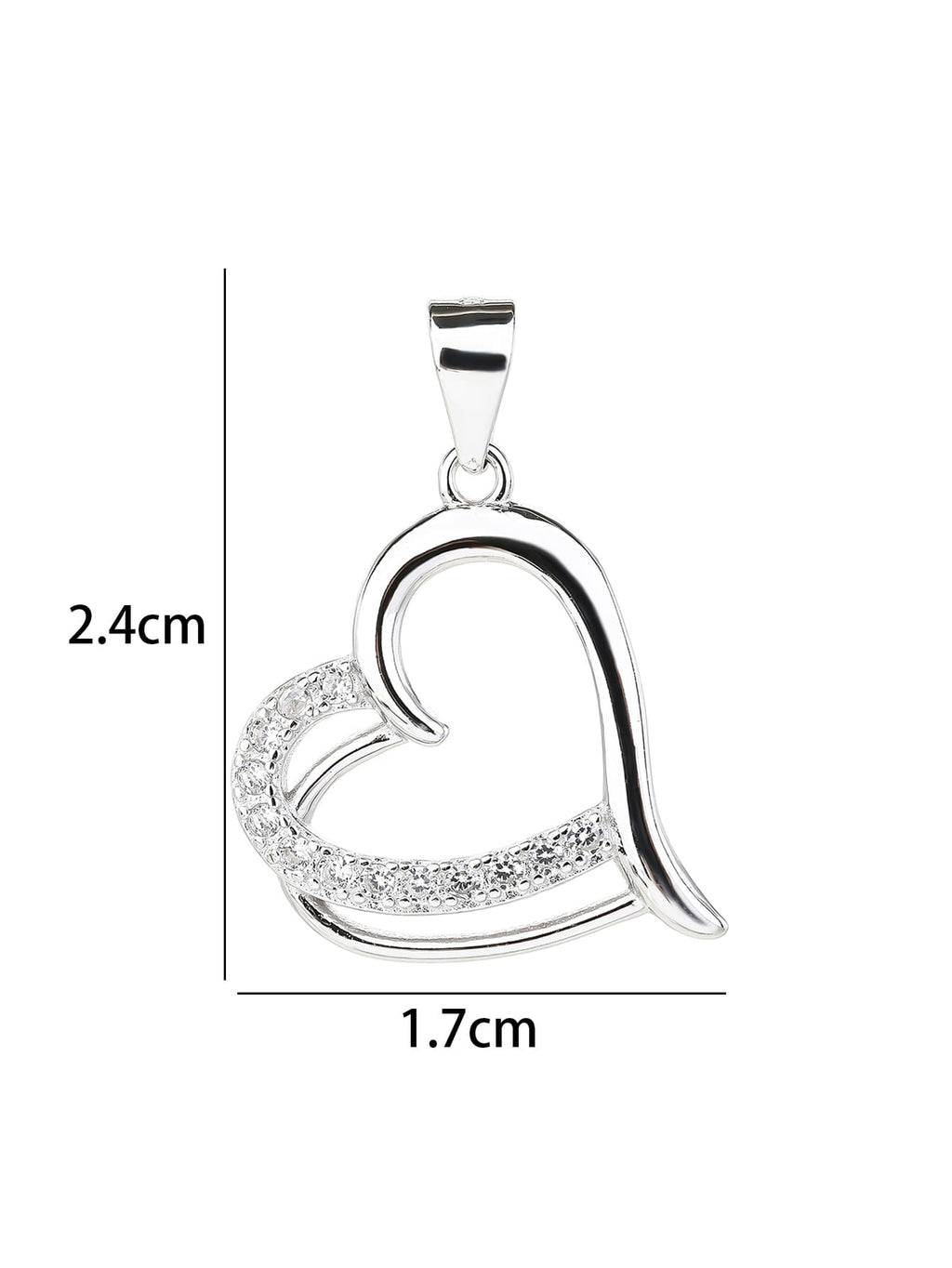 Open heart pendant with zirconia in hallmarked, rhodium-plated 925 sterling silver – dimensions view – DRESCHER Jewellery®