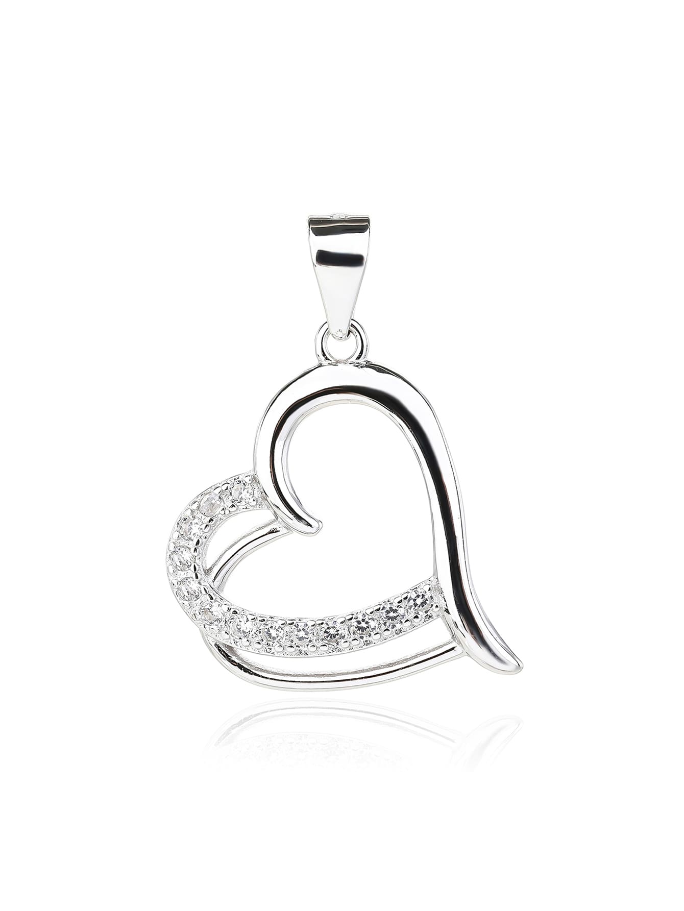 Open heart pendant with zirconia in hallmarked, rhodium-plated 925 sterling silver – front view – DRESCHER Jewellery®