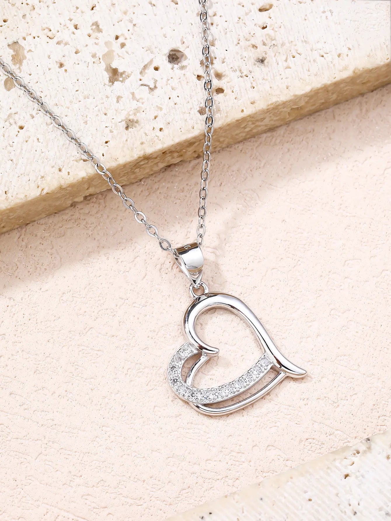 Open heart pendant with zirconia - AG 925 sterling silver, rhodium plated (without chain)
