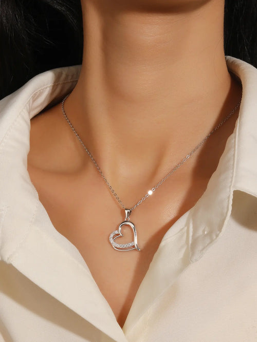 Open heart pendant with zirconia in hallmarked, rhodium-plated 925 sterling silver – worn view – DRESCHER Jewellery®