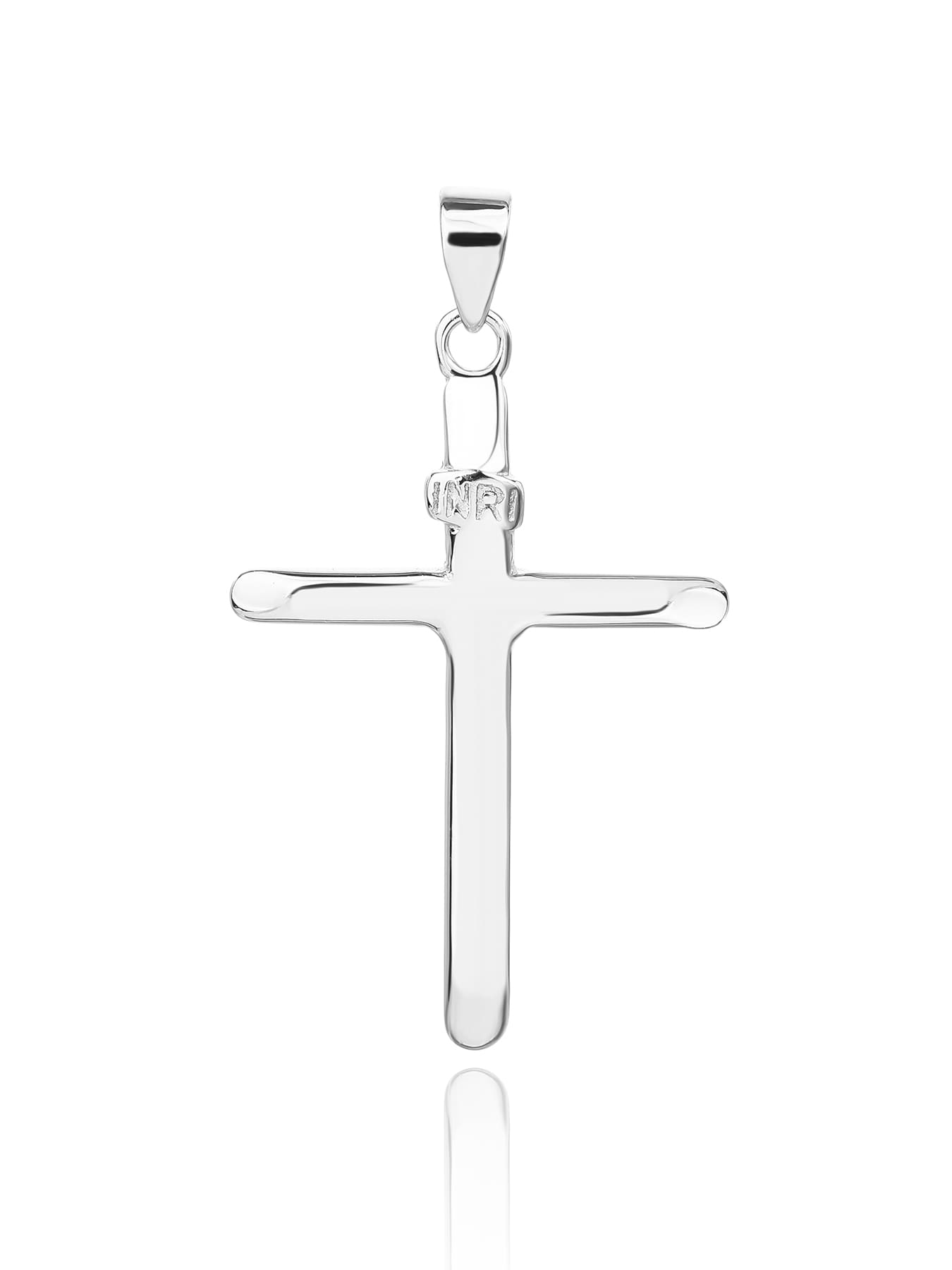 cross pendant with "INRI" inscription in hallmarked, rhodium-plated 925 sterling silver – alternate front view – DRESCHER Jewellery®