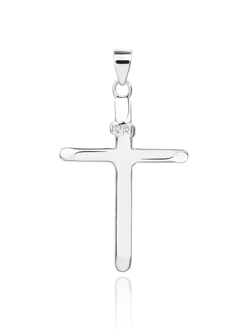 cross pendant with "INRI" inscription in hallmarked, rhodium-plated 925 sterling silver – alternate front view – DRESCHER Jewellery®