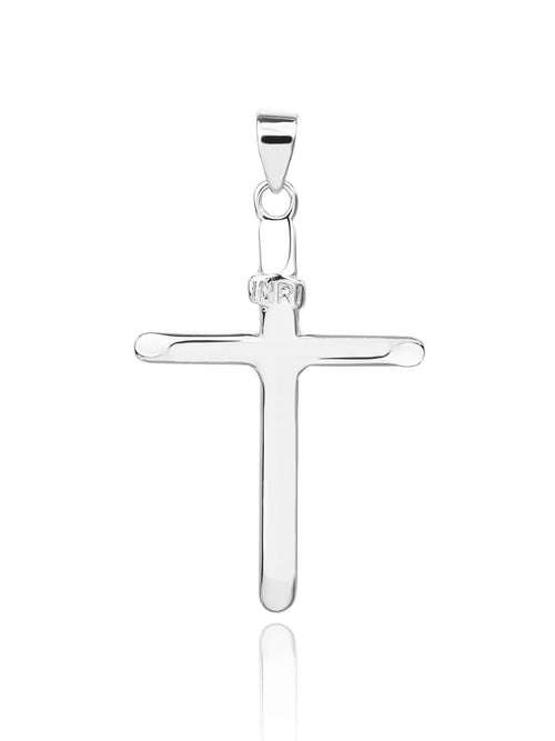 cross pendant with "INRI" inscription in hallmarked, rhodium-plated 925 sterling silver – front view – DRESCHER Jewellery®