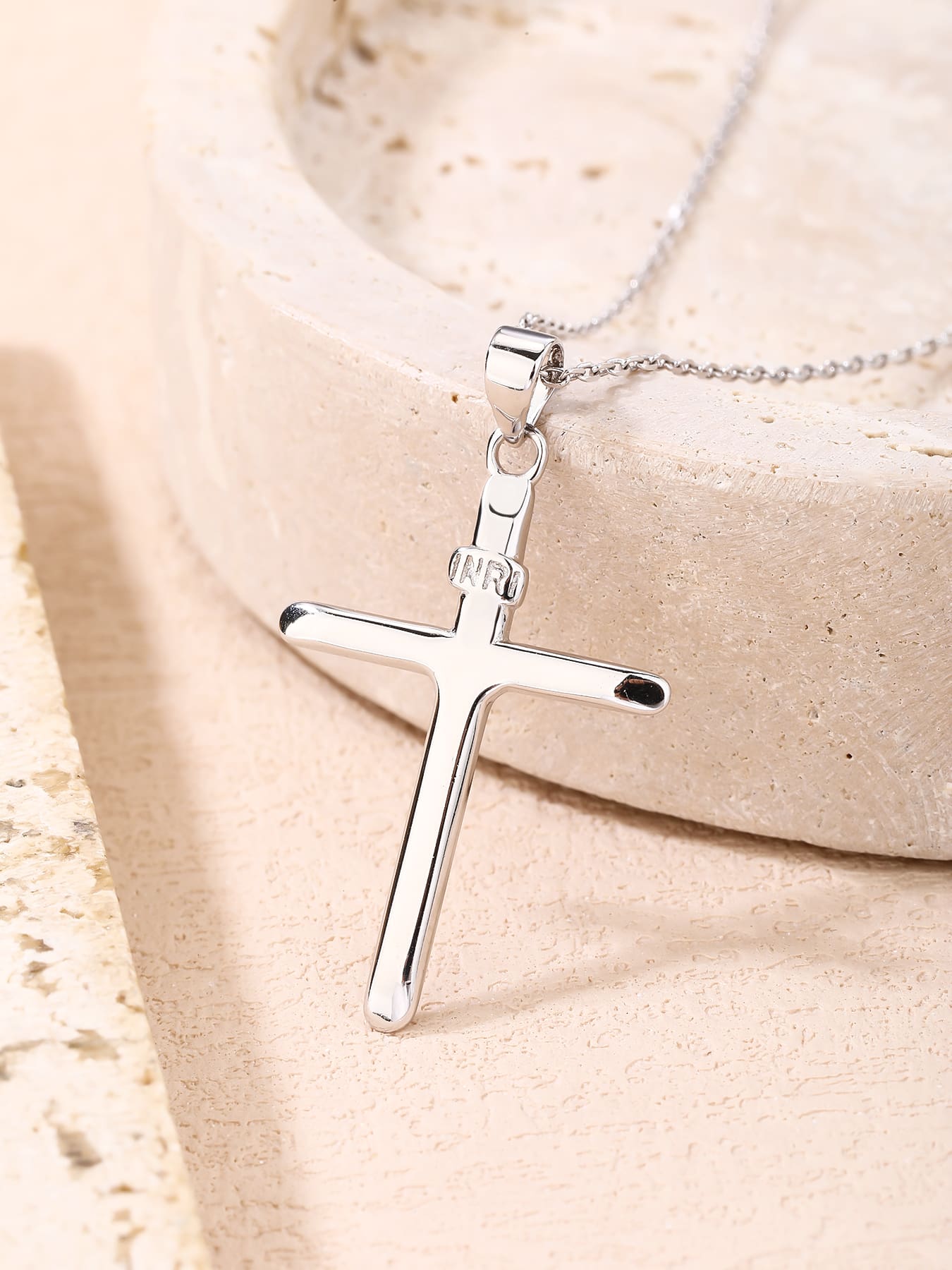 cross pendant with "INRI" inscription in hallmarked, rhodium-plated 925 sterling silver – display view – DRESCHER Jewellery®