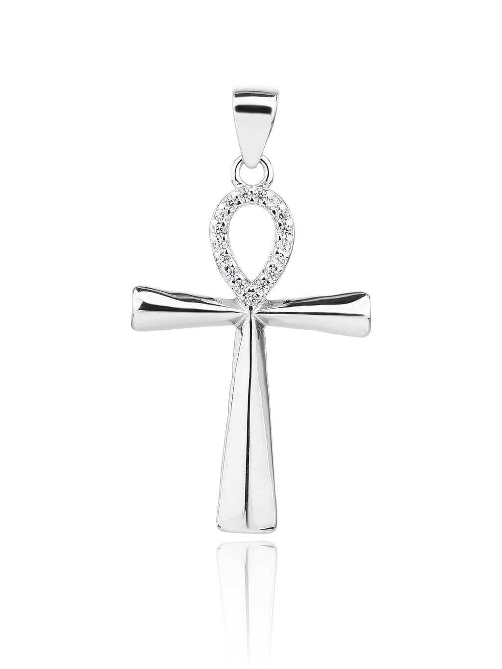 cubic zirconia Ankh cross pendant in hallmarked, rhodium-plated 925 sterling silver – worn view – DRESCHER Jewellery®