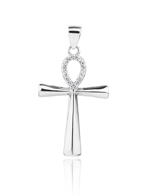 cubic zirconia Ankh cross pendant in hallmarked, rhodium-plated 925 sterling silver – front view – DRESCHER Jewellery®