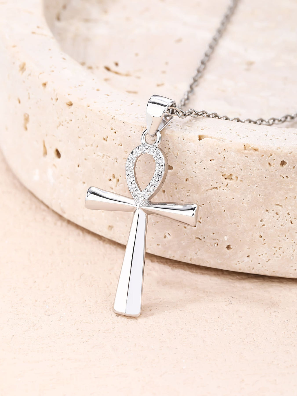 cubic zirconia Ankh cross pendant in hallmarked, rhodium-plated 925 sterling silver – alternate front view – DRESCHER Jewellery®