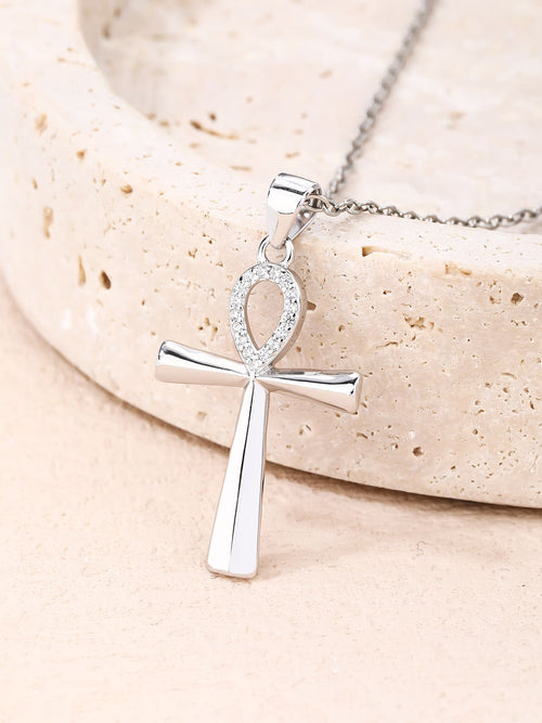 cubic zirconia Ankh cross pendant in hallmarked, rhodium-plated 925 sterling silver – alternate front view – DRESCHER Jewellery®