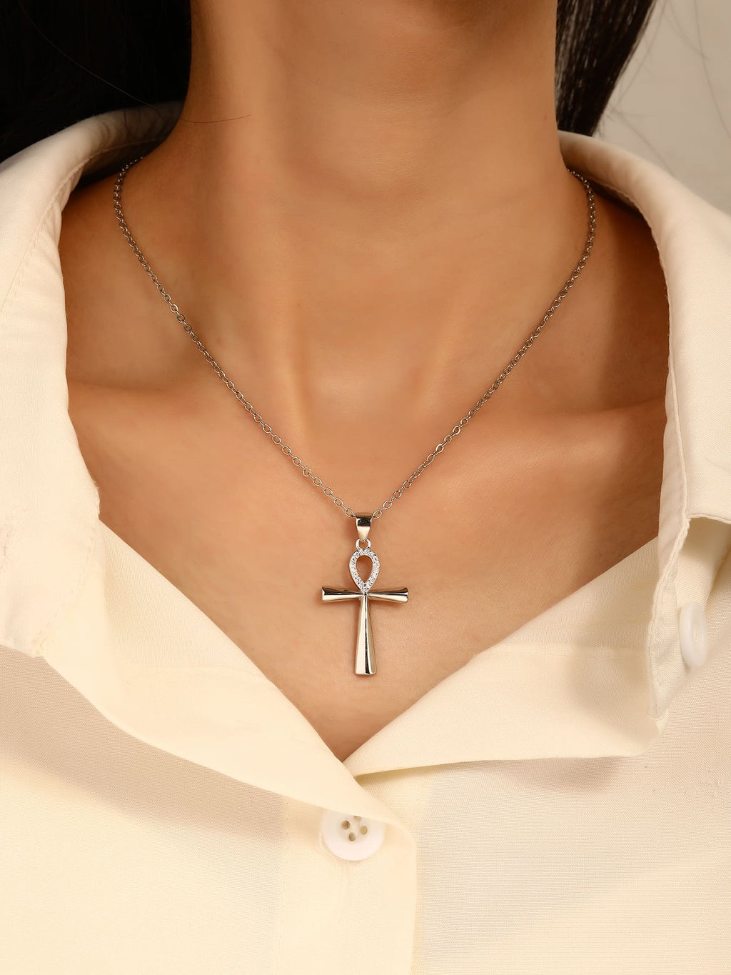 cubic zirconia Ankh cross pendant in hallmarked, rhodium-plated 925 sterling silver – dimensions view – DRESCHER Jewellery®