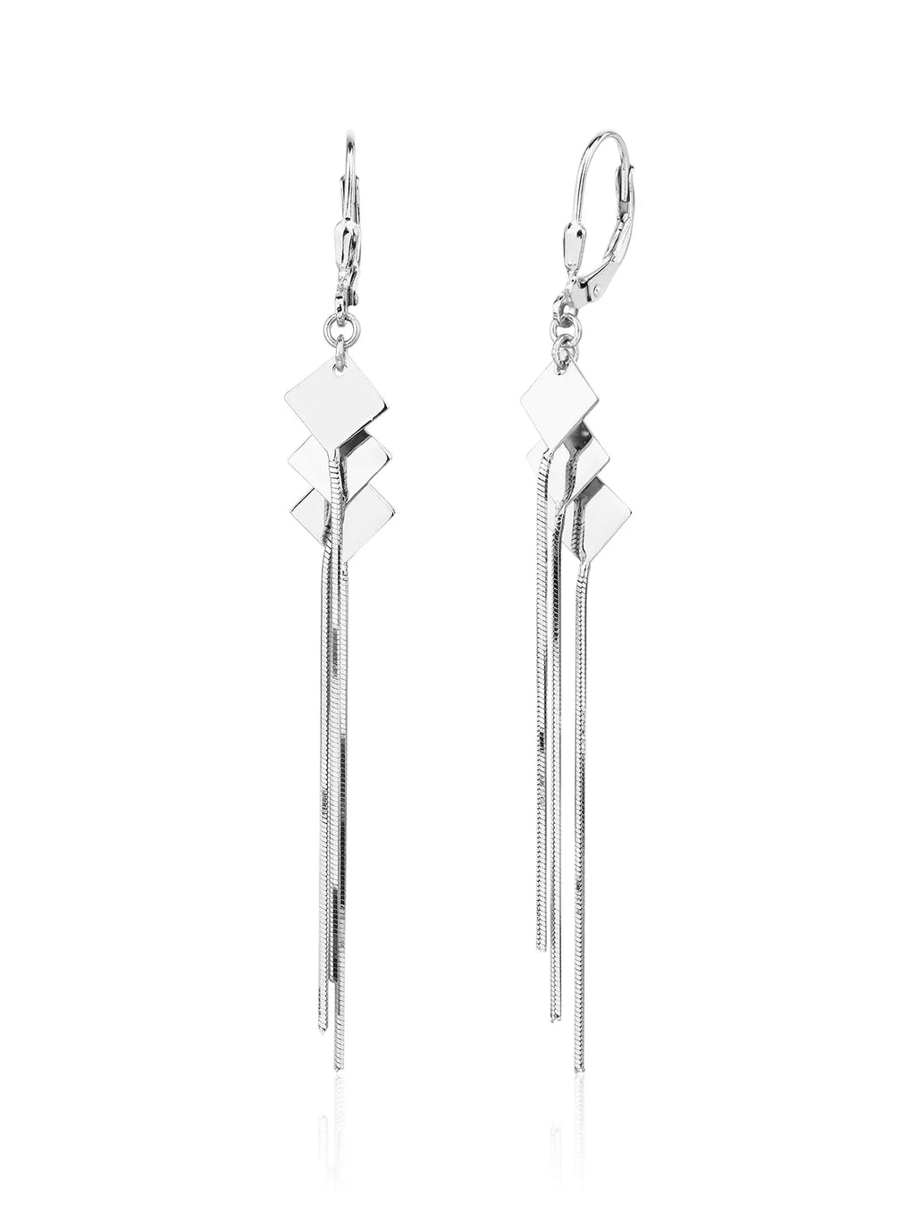 Geometric diamond-shaped chain drop leverback earrings in hallmarked, rhodium-plated 925 sterling silver – front view – DRESCHER Jewellery®