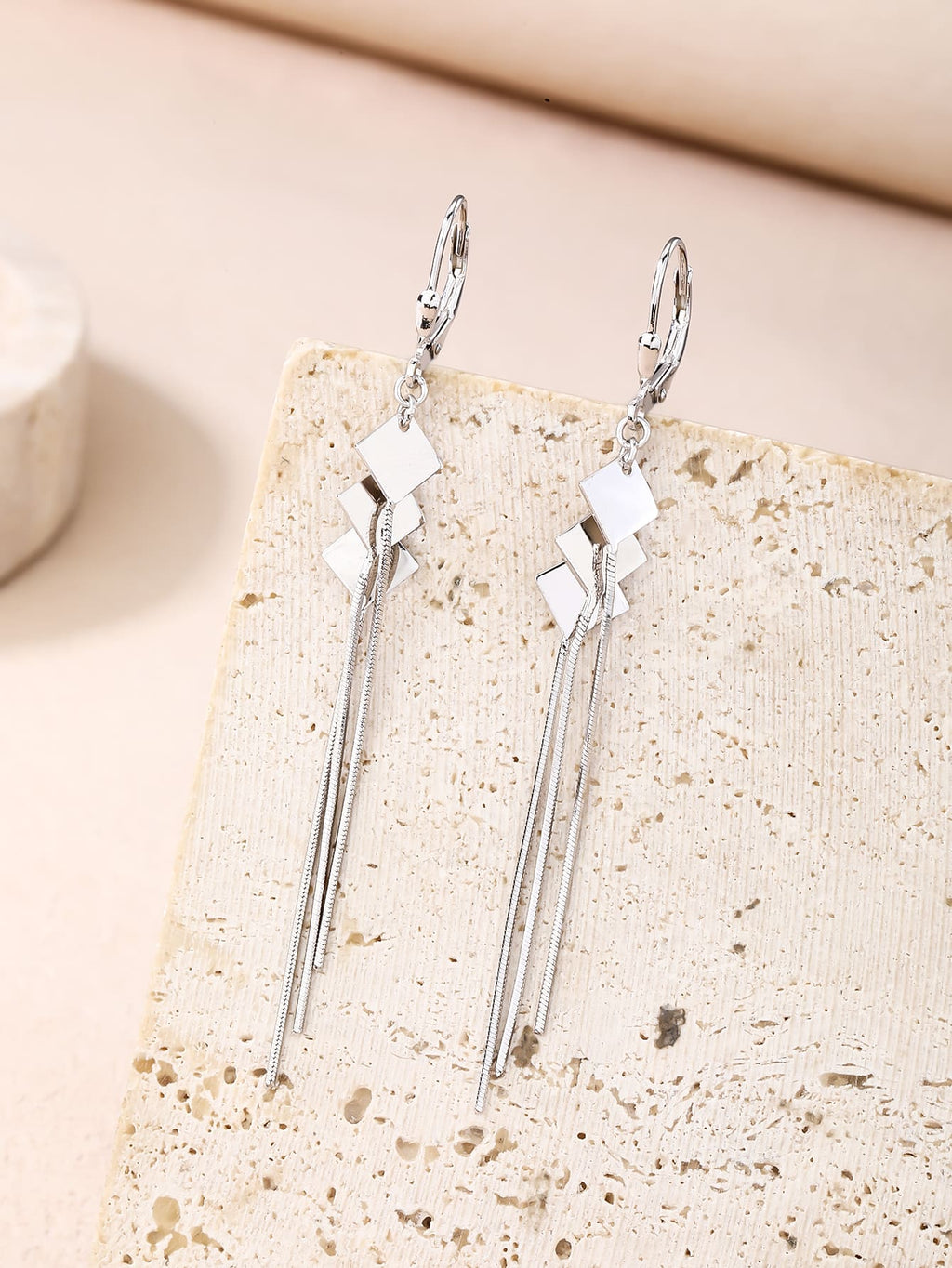 Geometric diamond-shaped chain drop leverback earrings in hallmarked, rhodium-plated 925 sterling silver – display view – DRESCHER Jewellery®