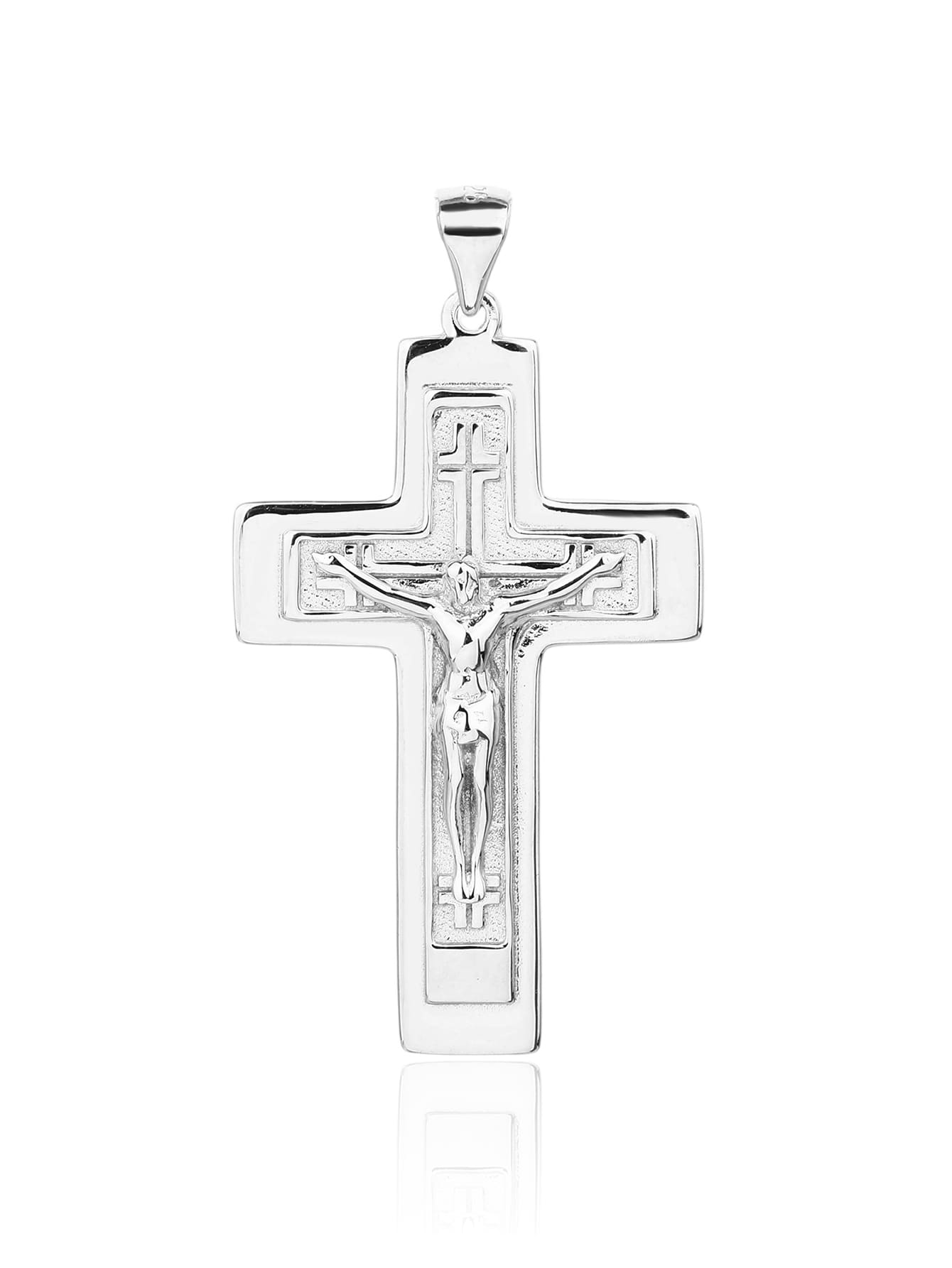 Crucifix hallmarked, rhodium-plated 925 sterling silver cross pendant – front view – DRESCHER Jewellery®
