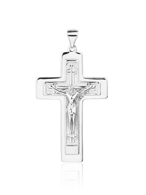 Crucifix hallmarked, rhodium-plated 925 sterling silver cross pendant – front view – DRESCHER Jewellery®
