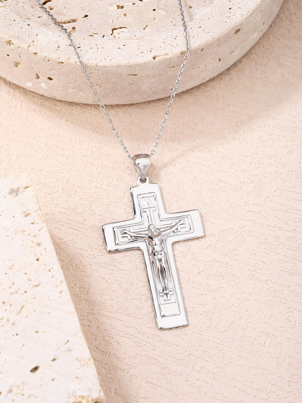 Crucifix hallmarked, rhodium-plated 925 sterling silver cross pendant – lifestyle view – DRESCHER Jewellery®