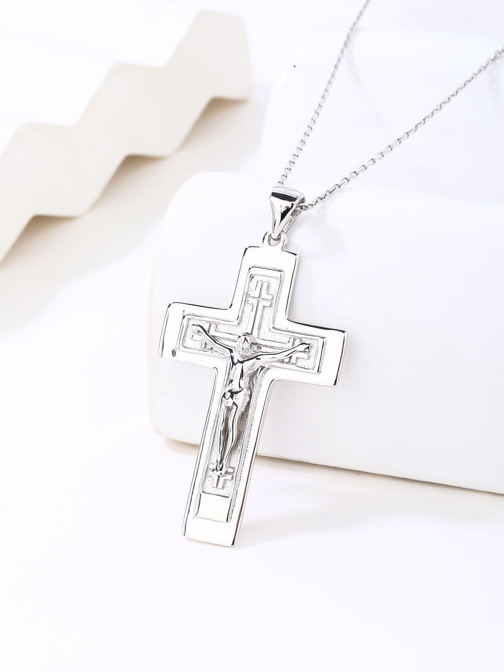 Crucifix hallmarked, rhodium-plated 925 sterling silver cross pendant – displayed on chain – DRESCHER Jewellery®