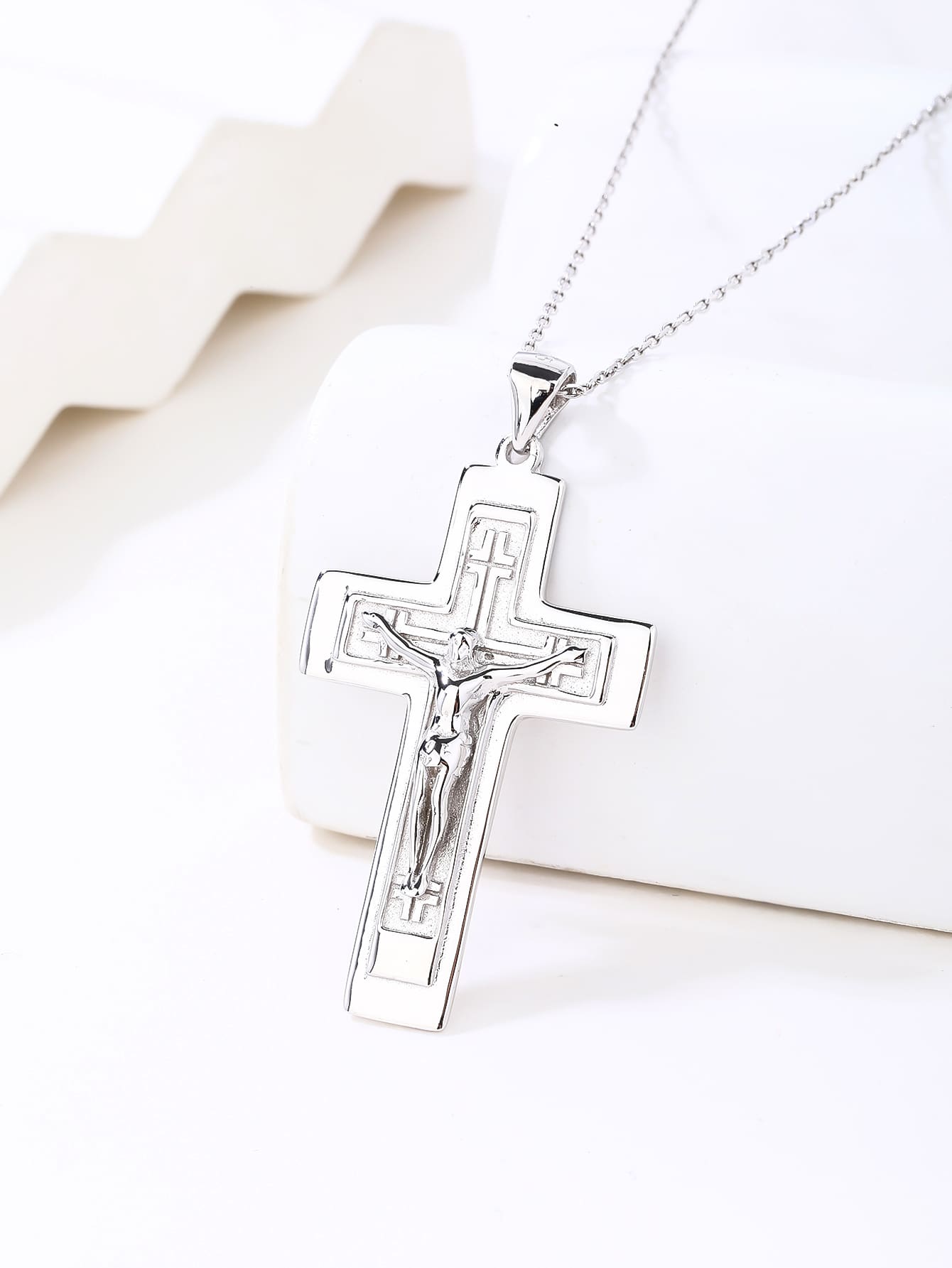 Crucifix hallmarked, rhodium-plated 925 sterling silver cross pendant – displayed on chain – DRESCHER Jewellery®