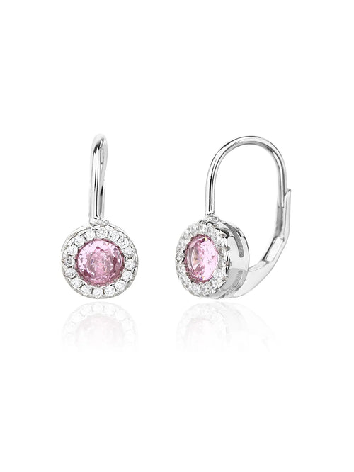 Pink and white halo cubic zirconia patent-clasp earrings in hallmarked, rhodium-plated 925 sterling silver – front view – DRESCHER Jewellery®