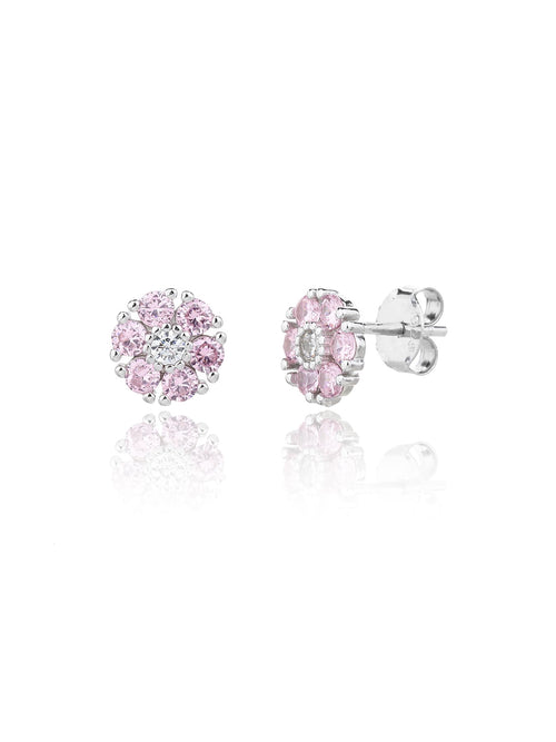 Pink and white cubic zirconia flower stud earrings in hallmarked, rhodium-plated 925 sterling silver – front and side views – DRESCHER Jewellery®