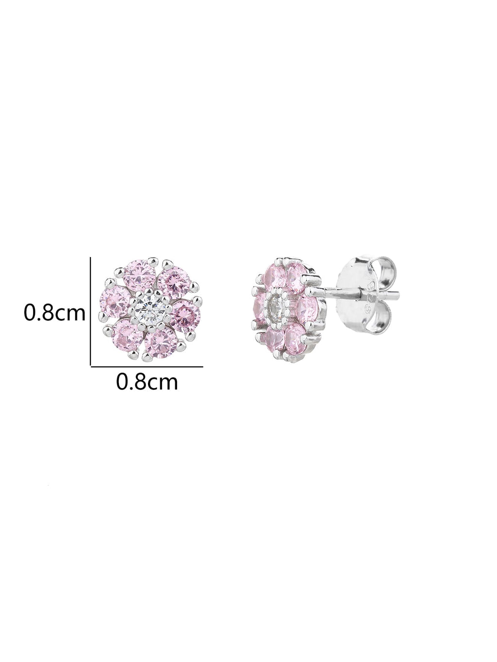 Pink and white cubic zirconia flower stud earrings in hallmarked, rhodium-plated 925 sterling silver – 0.8 × 0.8 cm dimensions – DRESCHER Jewellery®