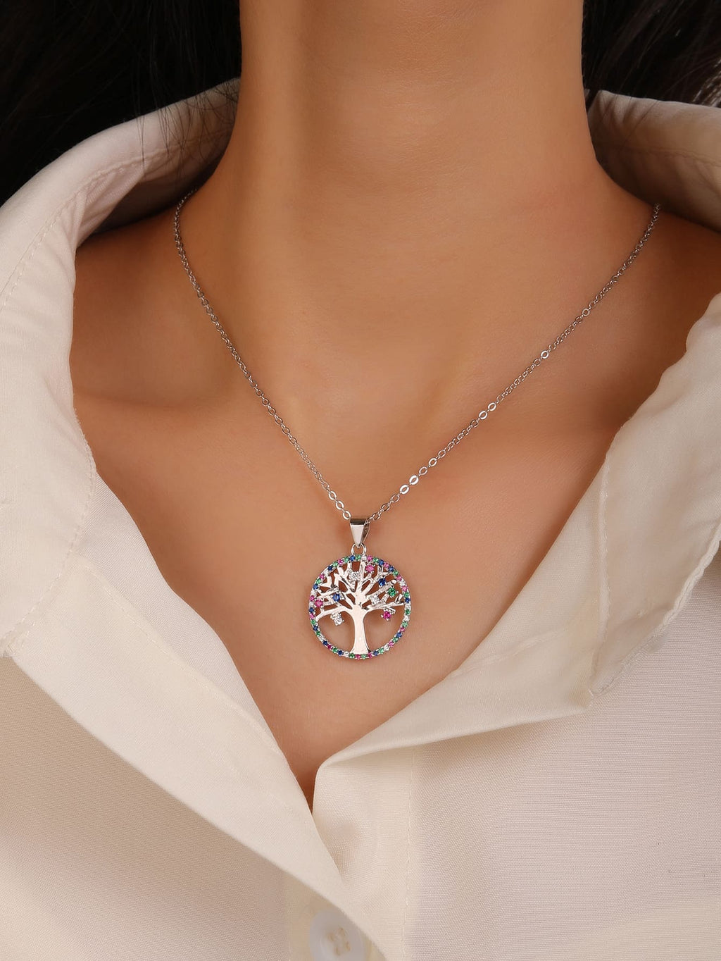 Coloured zirconia stone tree of life silver pendant - without chain in hallmarked, rhodium-plated 925 sterling silver – display view – DRESCHER Jewellery®