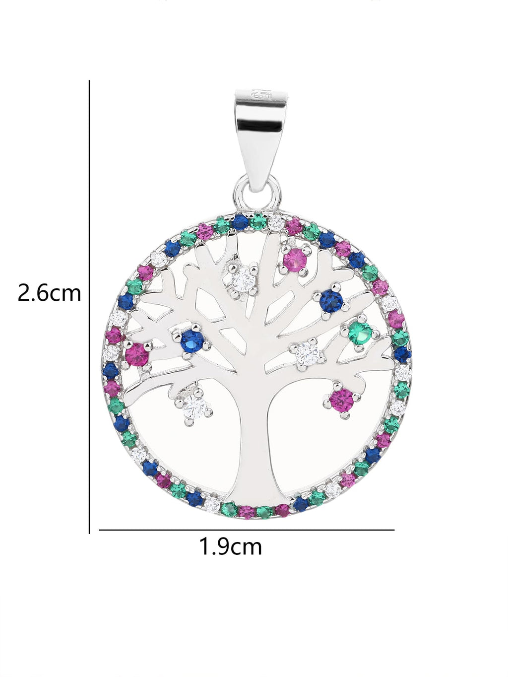 Coloured zirconia stone tree of life silver pendant - without chain in hallmarked, rhodium-plated 925 sterling silver – alternate front view – DRESCHER Jewellery®