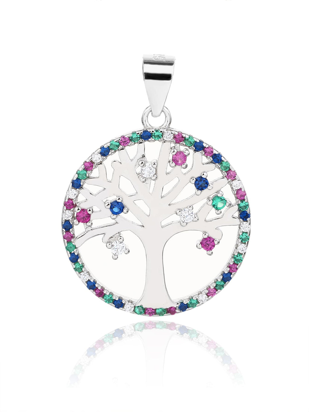 Coloured zirconia stone tree of life silver pendant - without chain in hallmarked, rhodium-plated 925 sterling silver – dimensions view – DRESCHER Jewellery®
