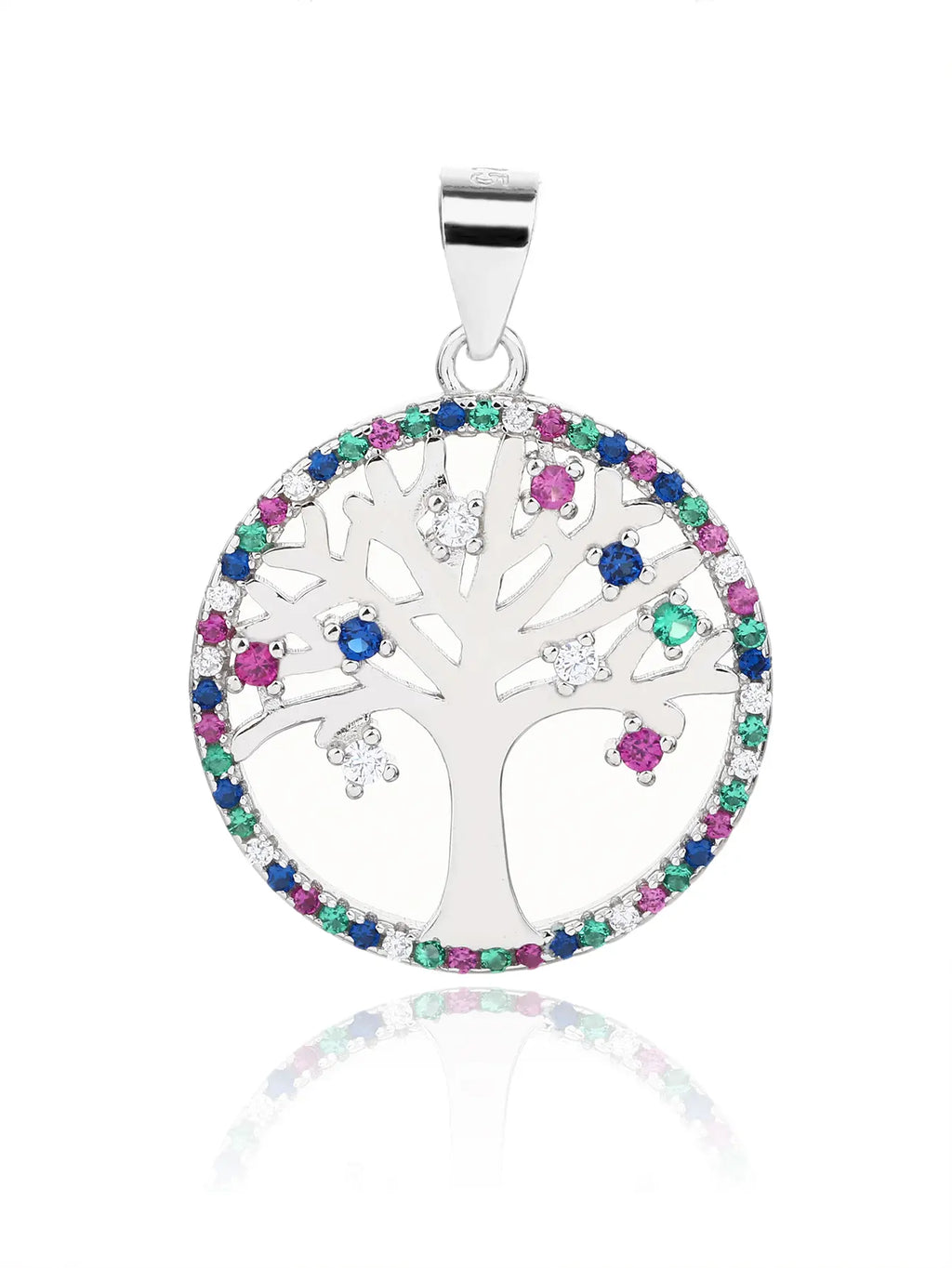 Coloured zirconia stone tree of life silver pendant - without chain in hallmarked, rhodium-plated 925 sterling silver – front view – DRESCHER Jewellery®