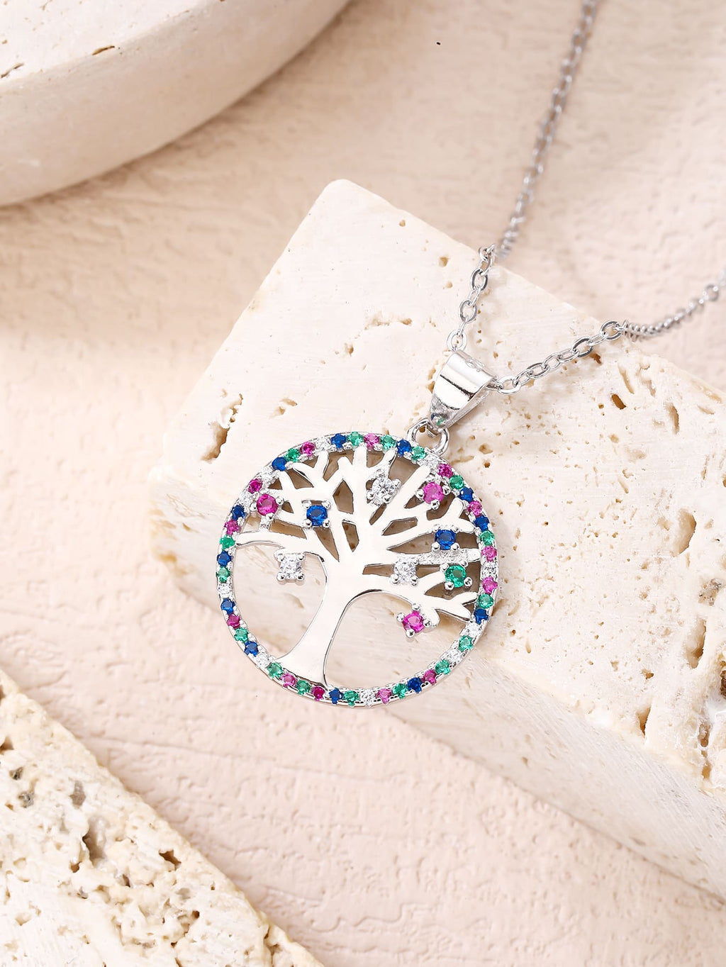 Coloured zirconia stone tree of life silver pendant - without chain in hallmarked, rhodium-plated 925 sterling silver – worn view – DRESCHER Jewellery®