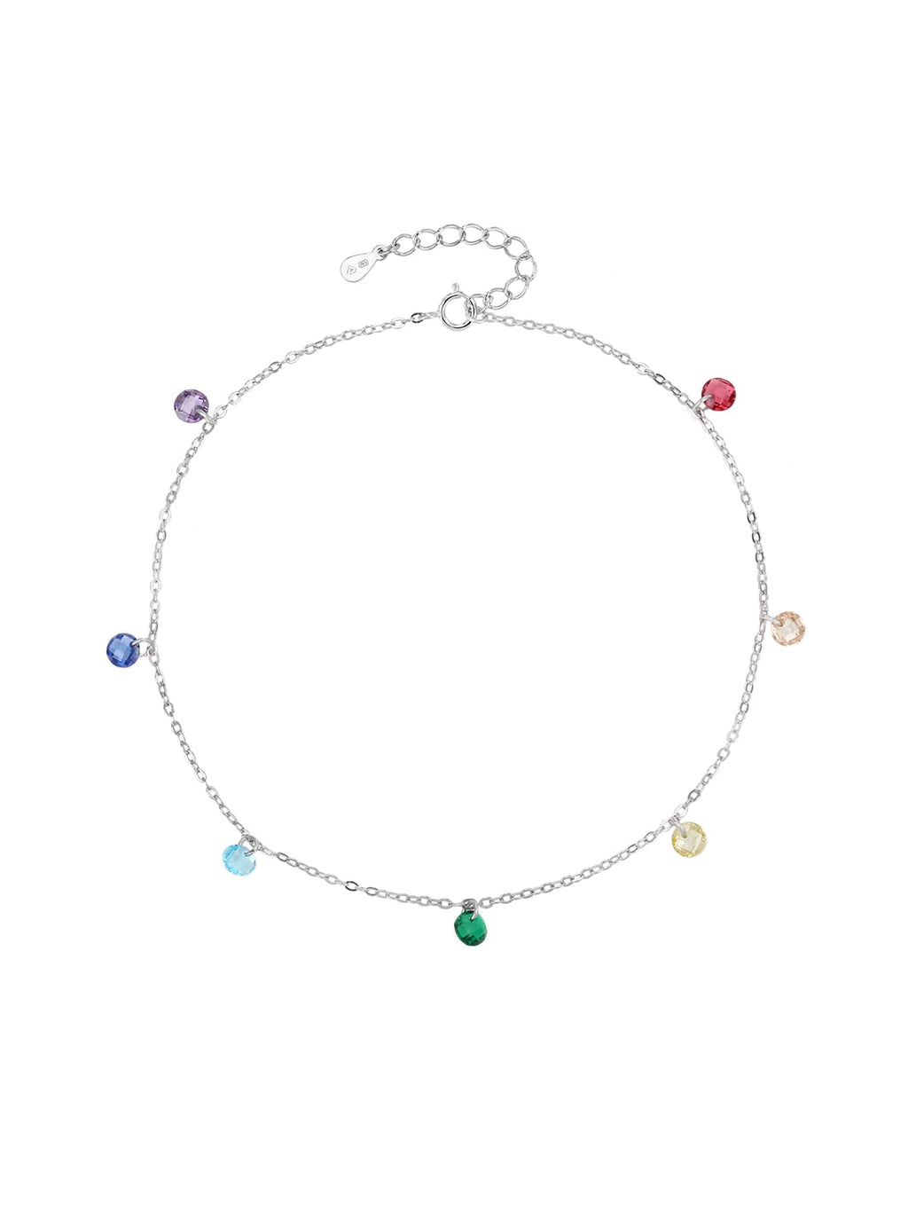 anklet with rainbow stones (24+4 cm) in hallmarked, rhodium-plated 925 sterling silver – alternate front view – DRESCHER Jewellery®