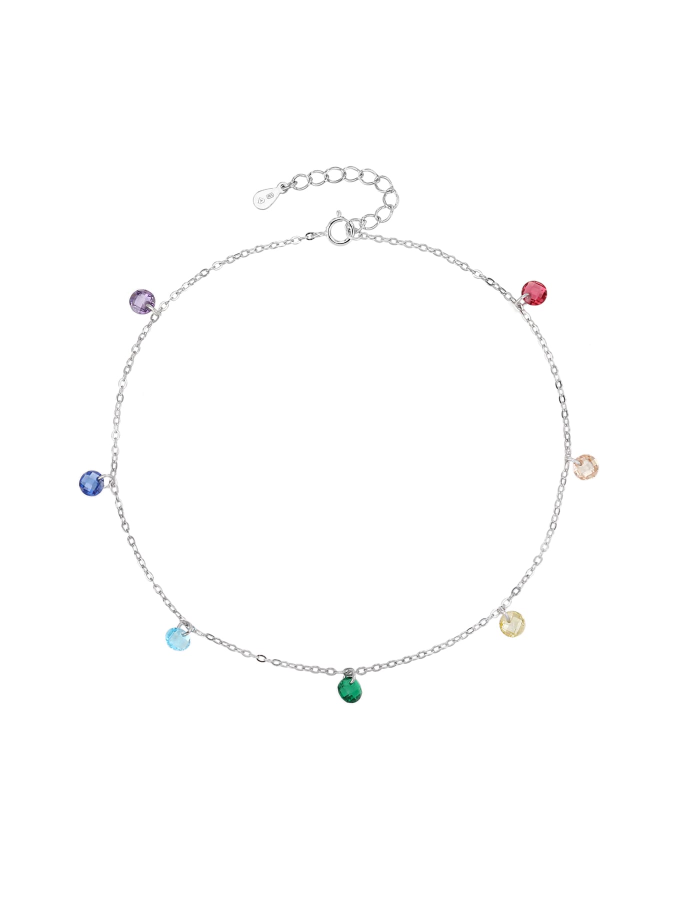 anklet with rainbow stones (24+4 cm) in hallmarked, rhodium-plated 925 sterling silver – alternate front view – DRESCHER Jewellery®