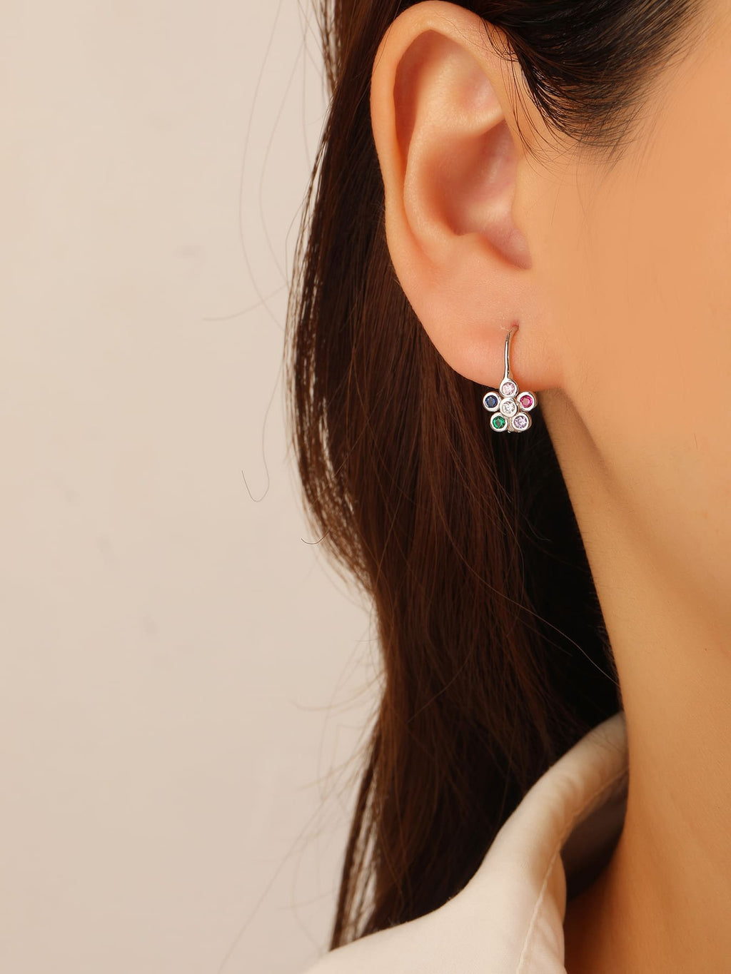 multicoloured cubic zirconia flower stud earrings in hallmarked, rhodium-plated 925 sterling silver – worn view – DRESCHER Jewellery®
