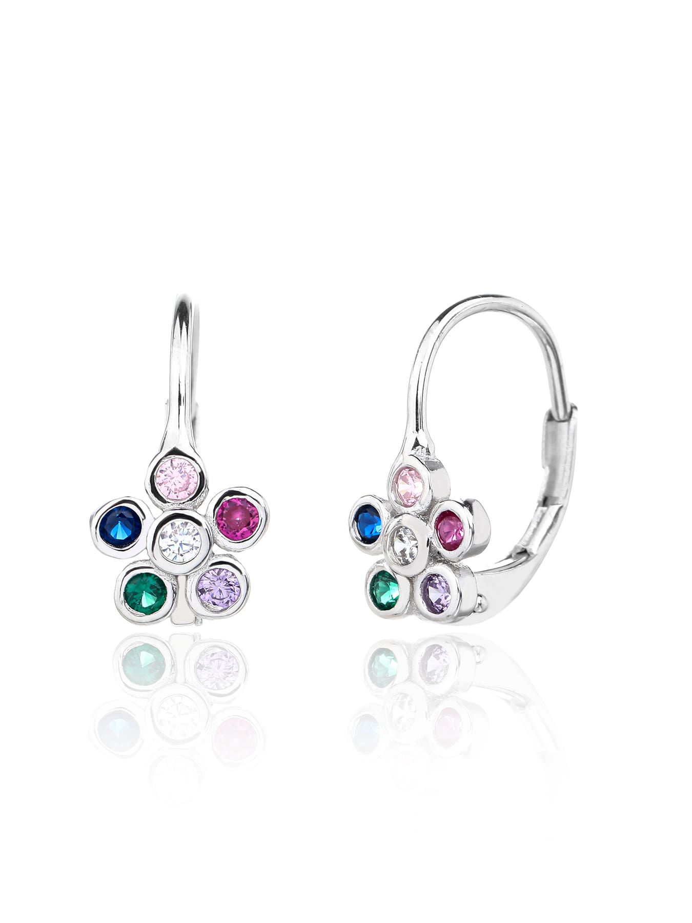 multicoloured cubic zirconia flower stud earrings in hallmarked, rhodium-plated 925 sterling silver – front and side views – DRESCHER Jewellery®