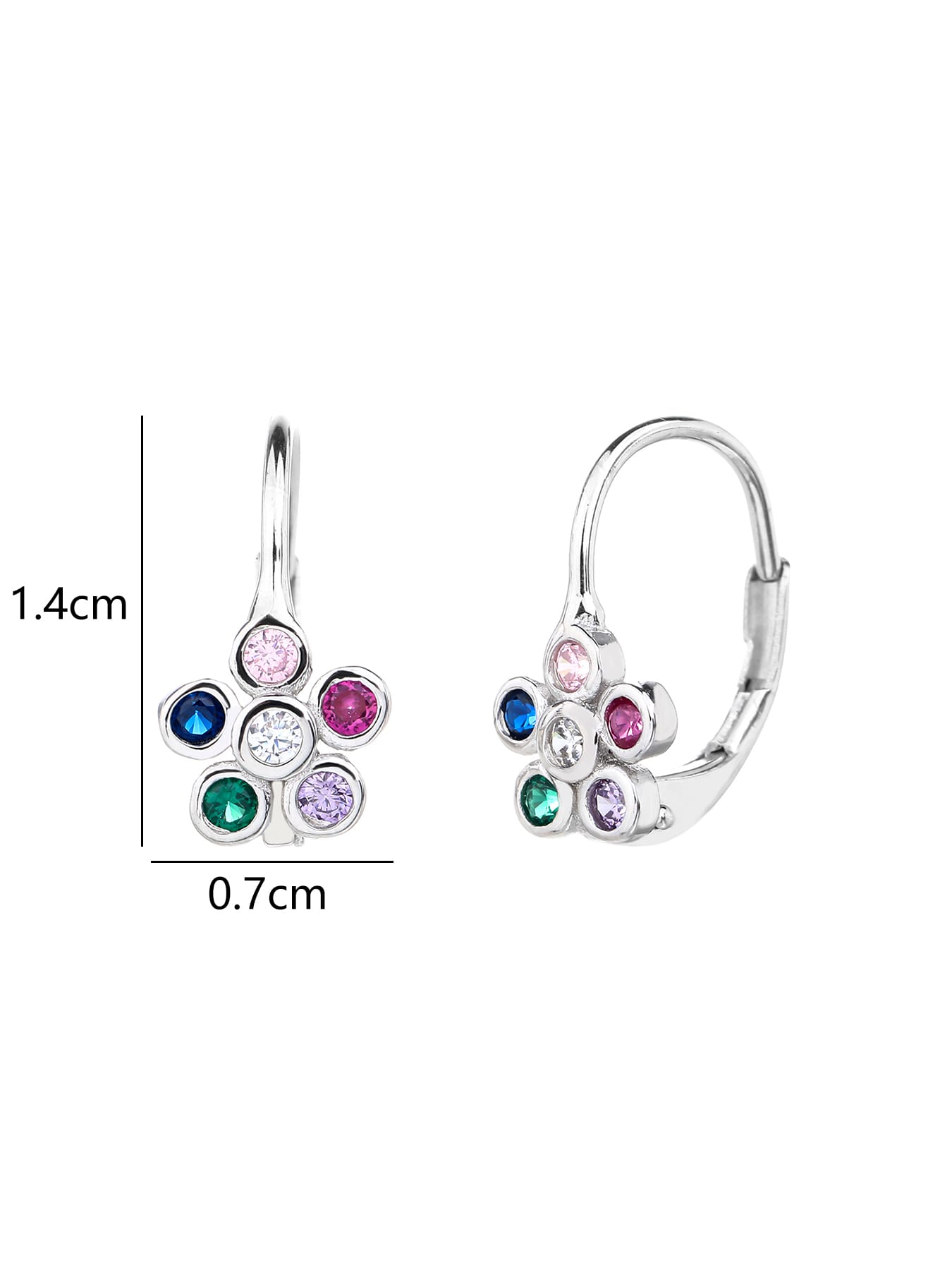 multicoloured cubic zirconia flower stud earrings in hallmarked, rhodium-plated 925 sterling silver – dimensions – DRESCHER Jewellery®